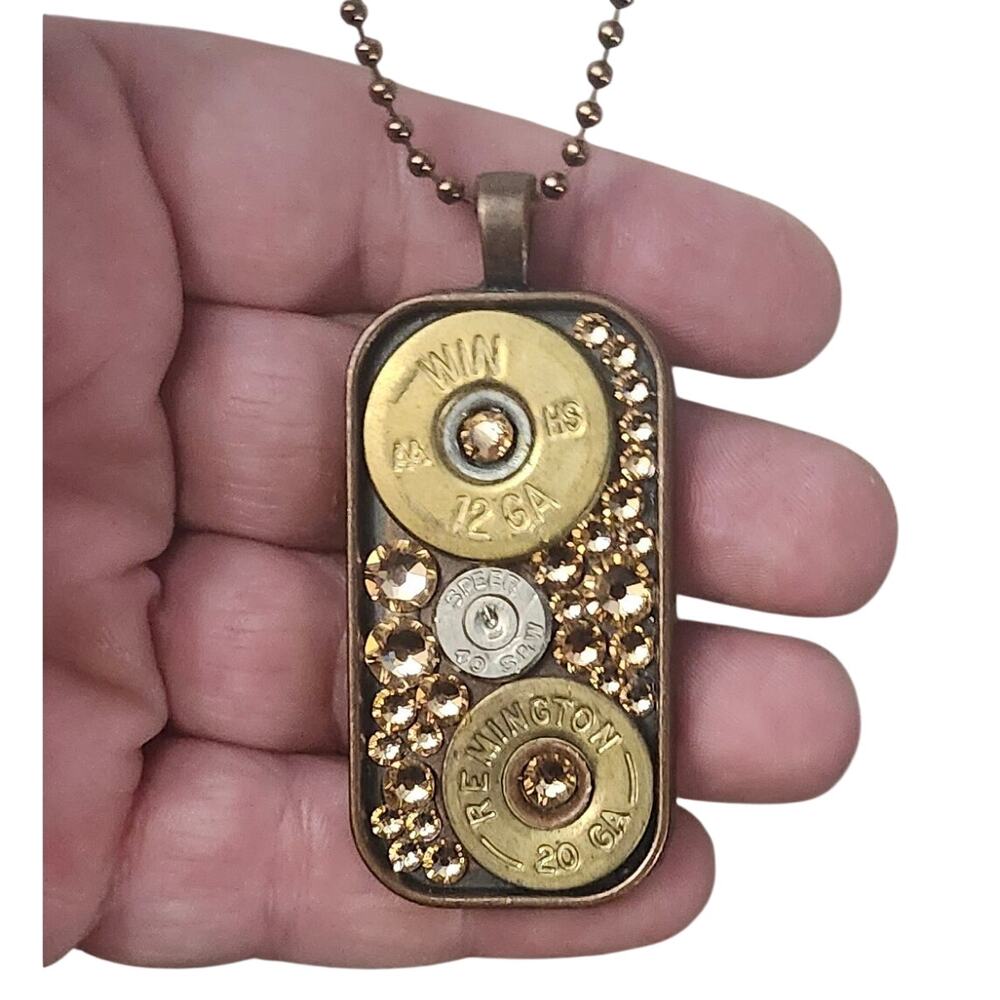 Pretty Hunter Remington Bullet Casing Dog Tag  Rhinestone Necklace